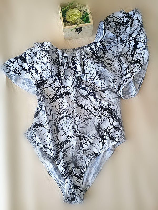 Marble Print Flutter-Sleeve One-Piece Swimsuit