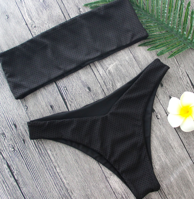 Women's Black Textured Bandeau High-Cut Bikini Set