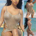 Gold Metallic Sheer Knit Beach Cover-Up Dress