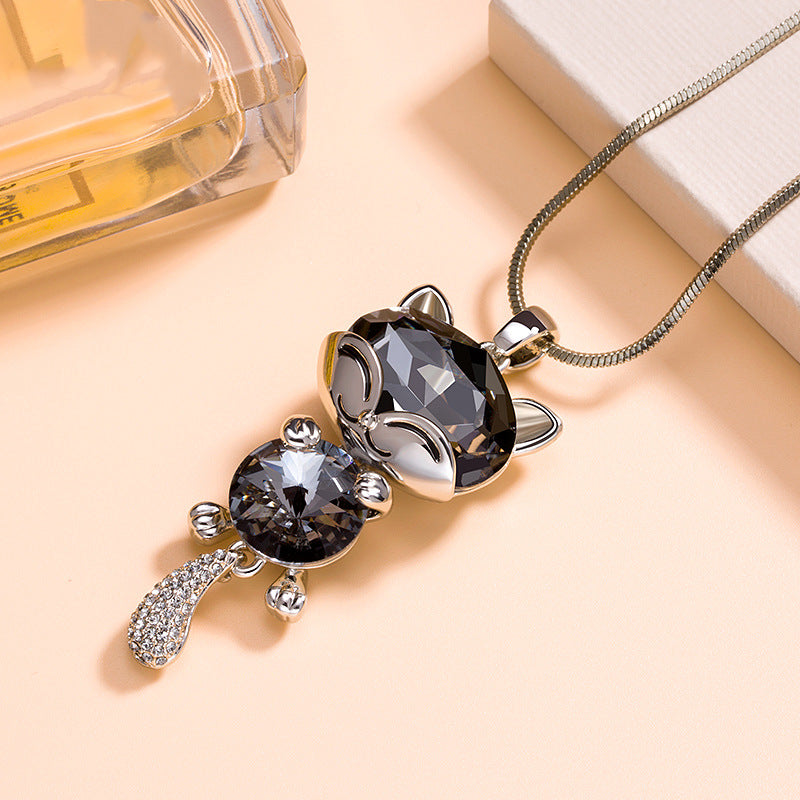 Long Sweater Chain with Cat Crystal Pendant Necklace