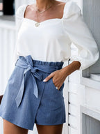 High-Waisted Blue Denim Shorts with Pockets for Women