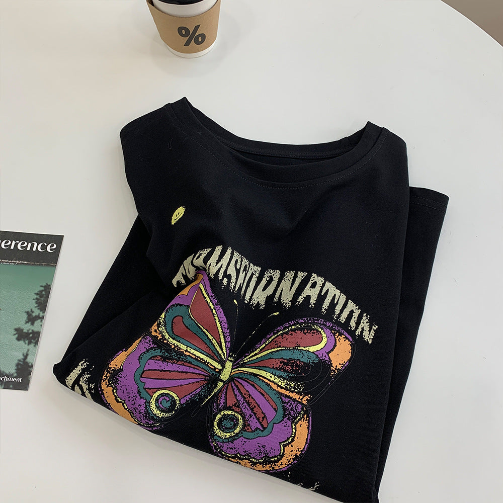 Butterfly Print Stretch Crop Top T-Shirt (All Cotton)