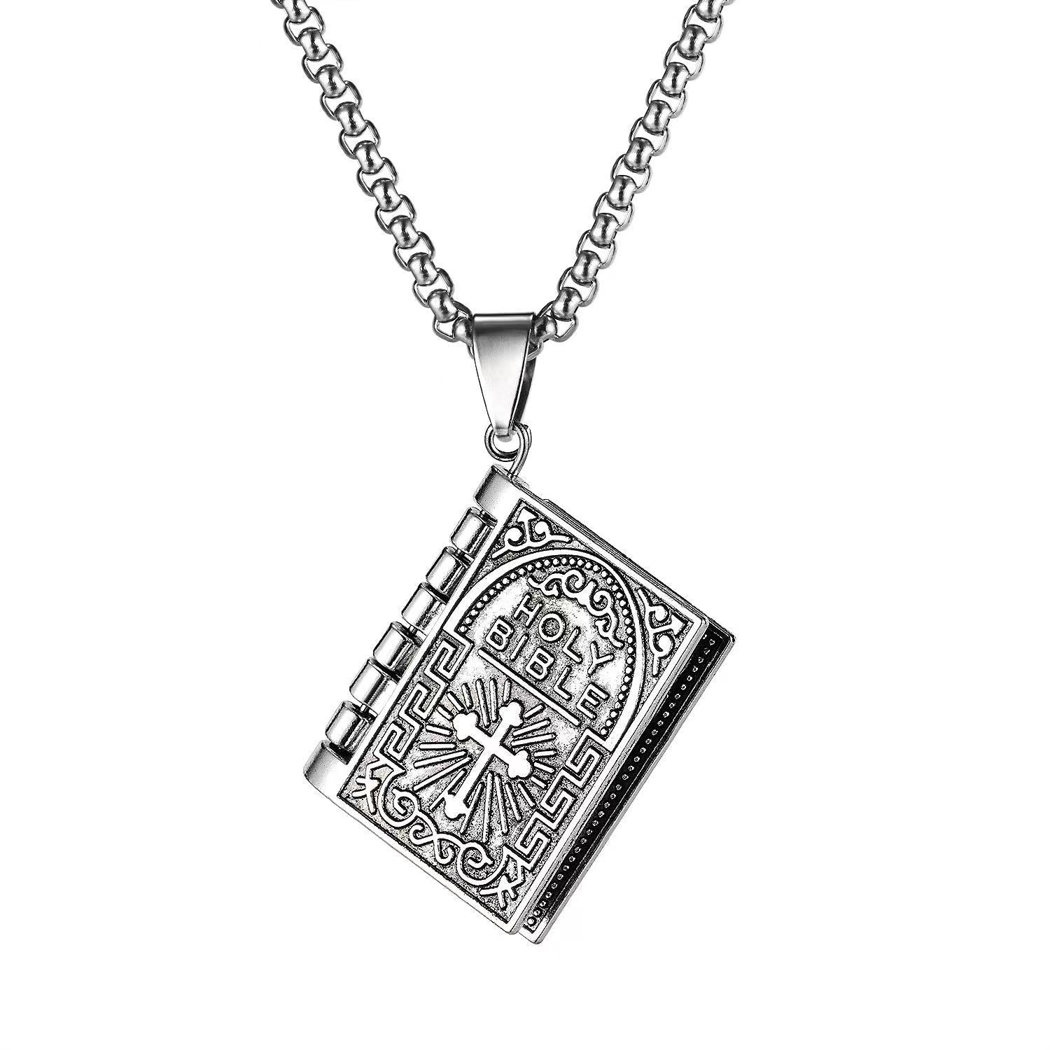 Biblical Book Pendant Necklace with Vintage Cross Charm