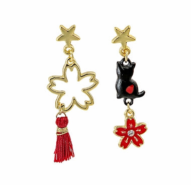 Japanese Cat Cherry Blossom Enamel Clip-On Earrings