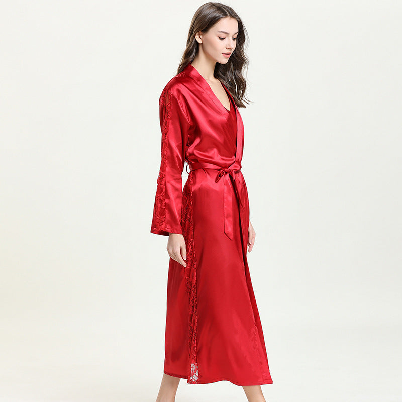 Women's Satin Lace Trim Sleepwear Robe and Pajamas