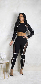 Mesh Panel Sexy Crop Top and High-Waisted Leggings Set