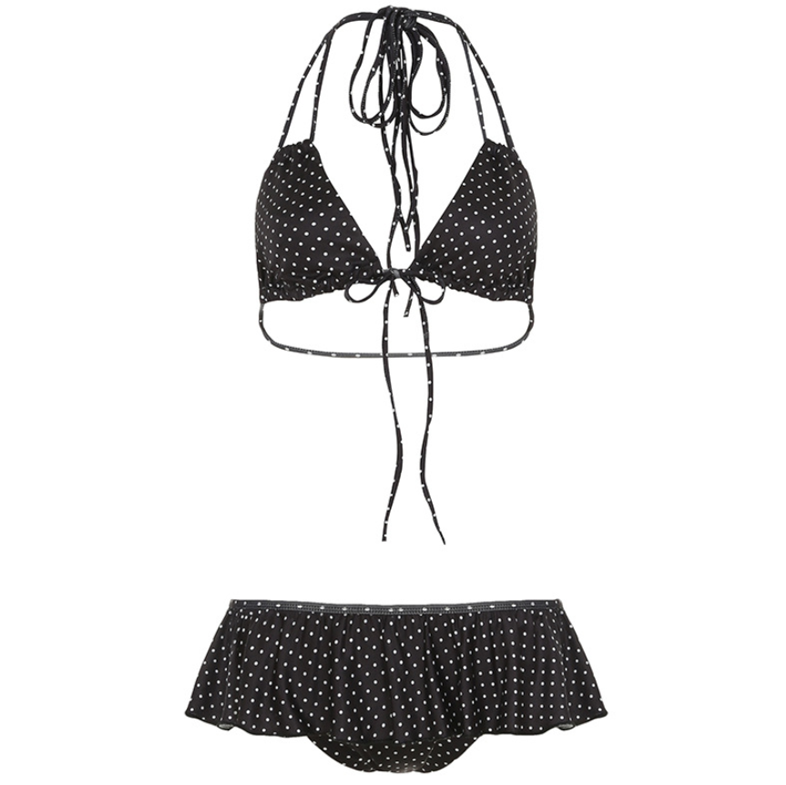 Women's Brown Polka Dot Ruffle Skirt Bikini Set