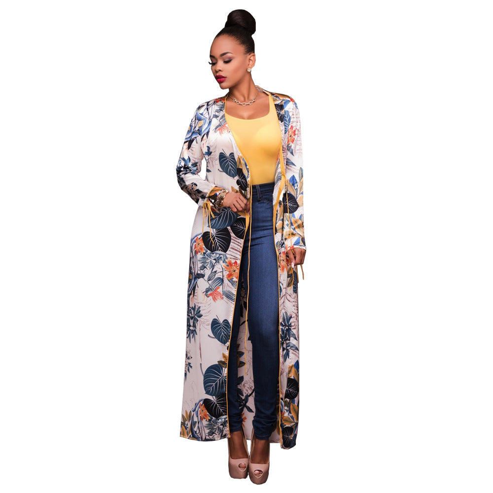 Long Sleeve Cardigan with Printed Gold Trim Cover-Up