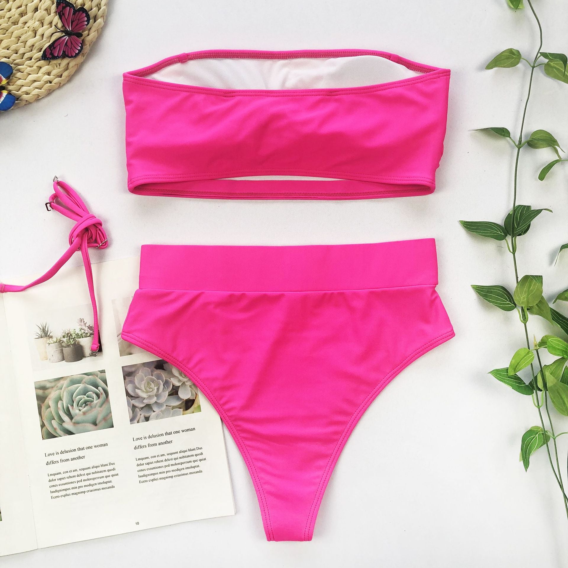 Metal Buckle Strapless Bandeau Bikini Set