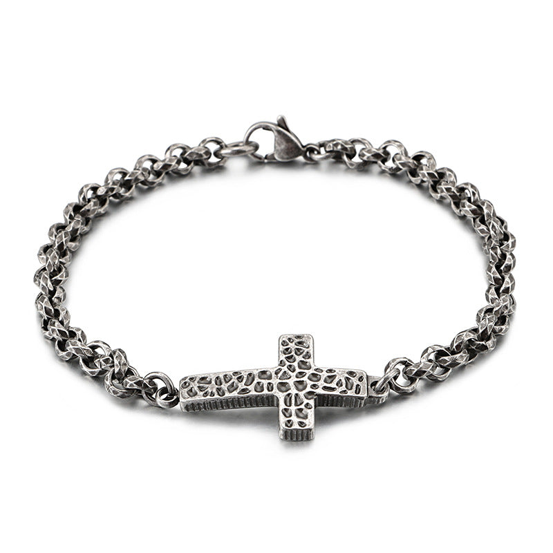 Retro Stainless Steel Cross Necklace and Bracelet Set