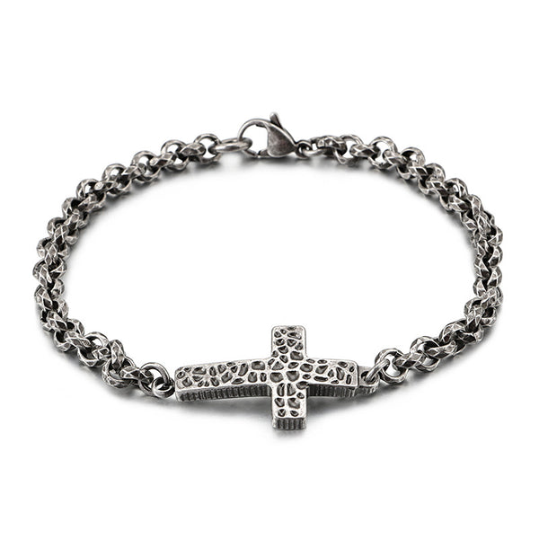 Retro Stainless Steel Cross Necklace and Bracelet Set