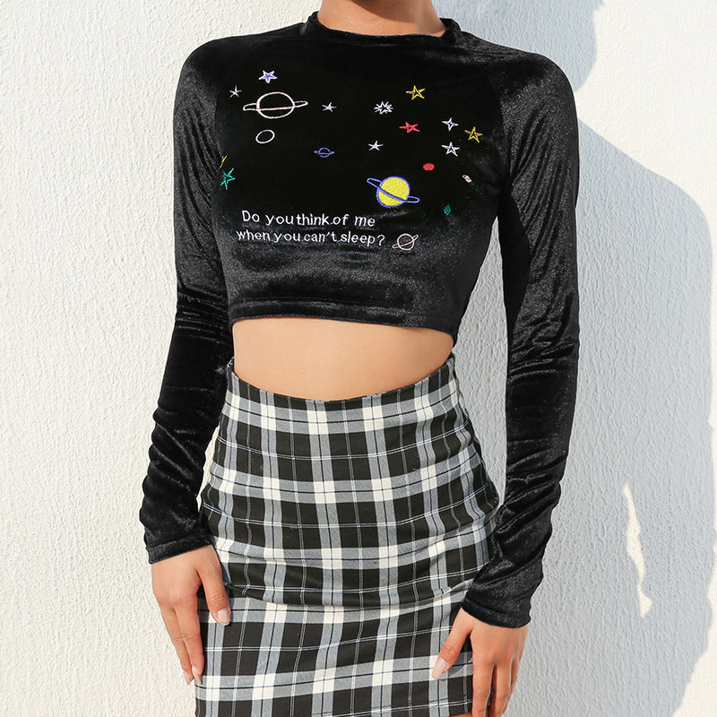 Velvet Crop Top with Starry Embroidery for Girls