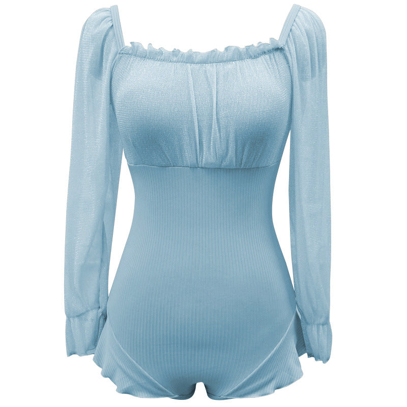 Light Blue Ribbed Long-Sleeve One-Piece Swimsuit