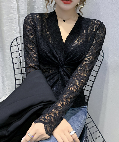 2019 Summer Lace Long Sleeve Deep V Crop Top for Women