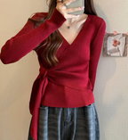 Sensual V-Neck Cross Tie Crop Top with Long Sleeves