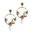 Vintage Elegant Pearl Flower Bird Stud Earrings