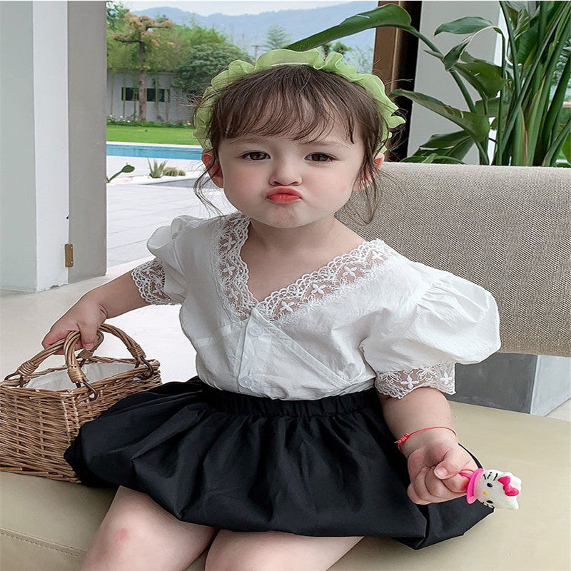 Girls' Summer Lace Top & Bubble Shorts Set (Ages 3-8)