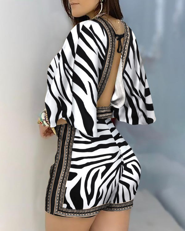 Zebra Print V-Neck Women's Jumpsuit Shorts