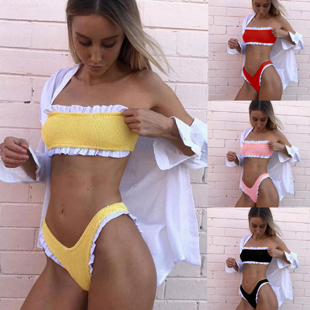 Yellow Ruffle-Trim Bandeau Bikini Set