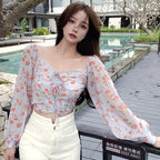 Korea Style Floral Off Shoulder Chiffon Crop Top