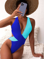 Color Block Deep V One-Piece Swimsuit