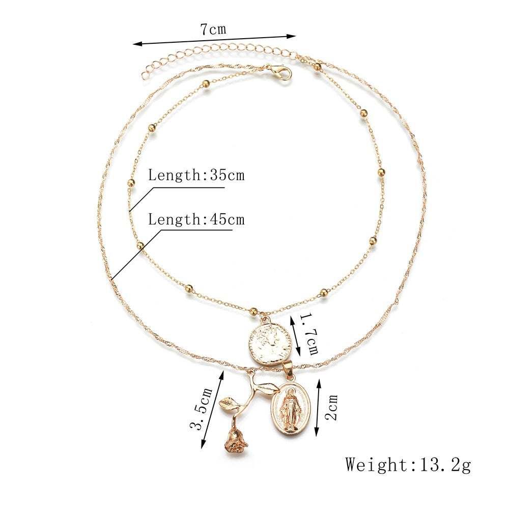 Vintage Geometric Rose Jesus Pendant Necklace for Women