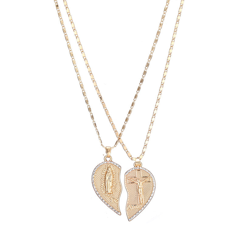 Gold Plated Two-Half Jesus Heart Pendant Necklace