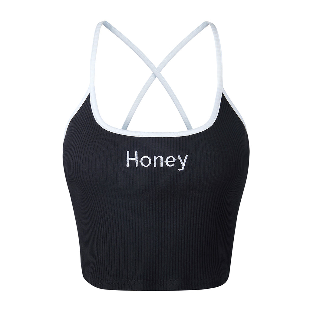 Letter Embroidered Crop Top with Spaghetti Straps