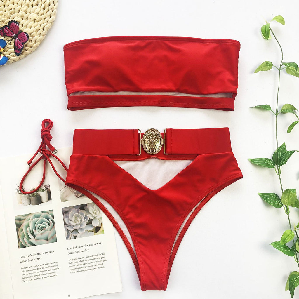 Metal Buckle Strapless Bandeau Bikini Set