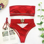 Metal Buckle Strapless Bandeau Bikini Set