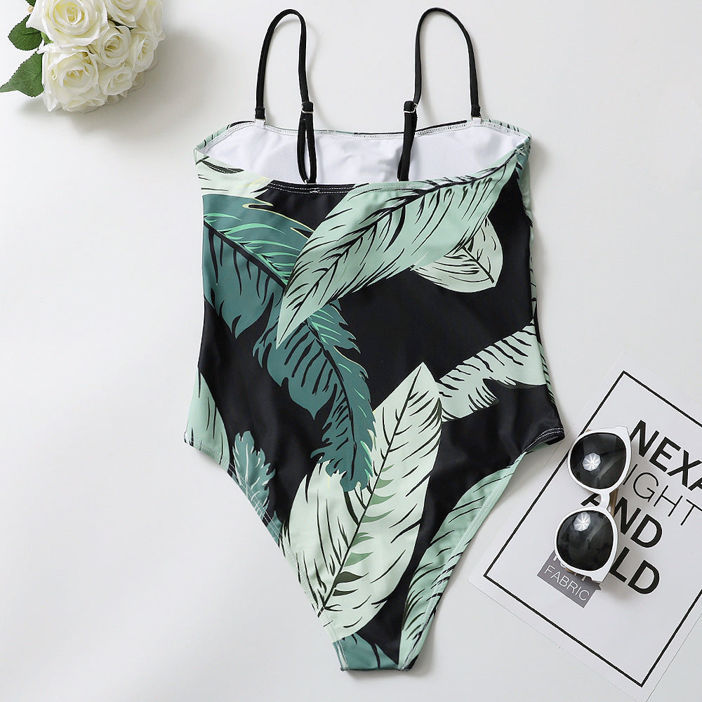 Palm Leaf Print Strapless One-Piece Swimsuit