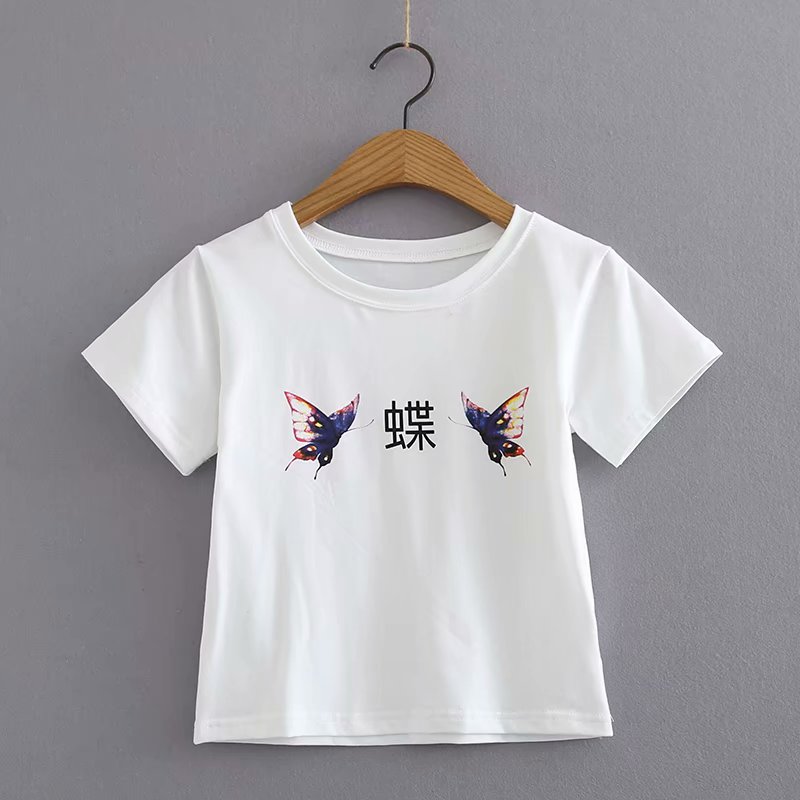 Butterfly Print Stretch Crop Top T-Shirt (All Cotton)