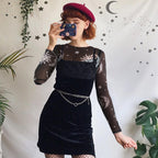 Gothic Long Sleeve Sheer Mesh Crop Top with Print