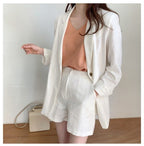 Cotton Linen Suit Set - Women's Summer Wide Leg Shorts