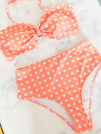 Women's Coral Polka Dot Scalloped High-Waist Bikini Set