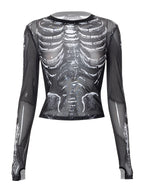 Women's Skull Print Mesh Long Sleeve Crop Top