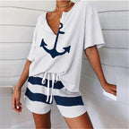 2021 Women's V-Neck Anchor Print Top and Shorts Set