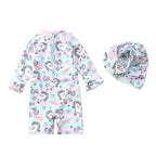Girls Unicorn Rainbow Long-Sleeve Rash Guard Swimsuit with Cap