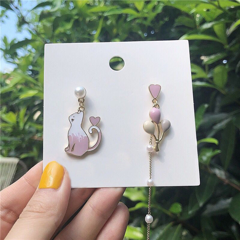 Korean Silver Cat Balloon Asymmetric Earrings