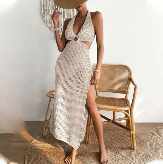 Crochet Knit Cutout Maxi Beach Cover-Up Dress