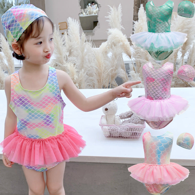 Girls' Mermaid Scale One-Piece Swimsuit with Cap
