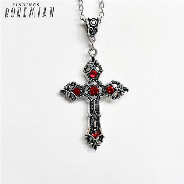 Large Silver Baroque Christian Cross Necklace with Crystals | Christian Jewelry