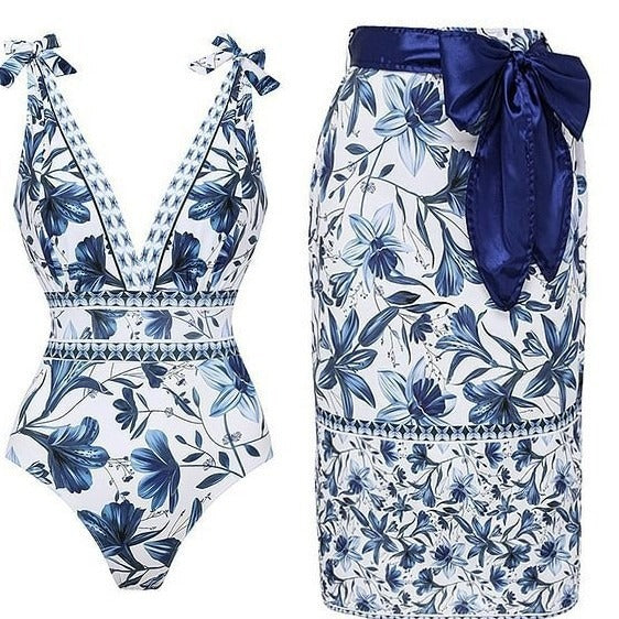 Blue Floral Print Swim Skirt and Bikini Set