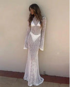 White Crochet Knit Long Sleeve Maxi Beach Cover-Up
