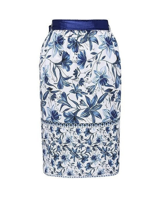 Blue Floral Print Swim Skirt and Bikini Set