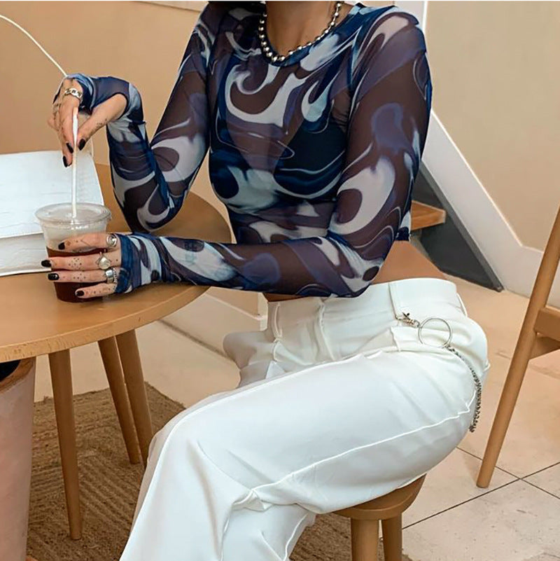 Q21TP574 Women's Casual Autumn Crop Top with Print