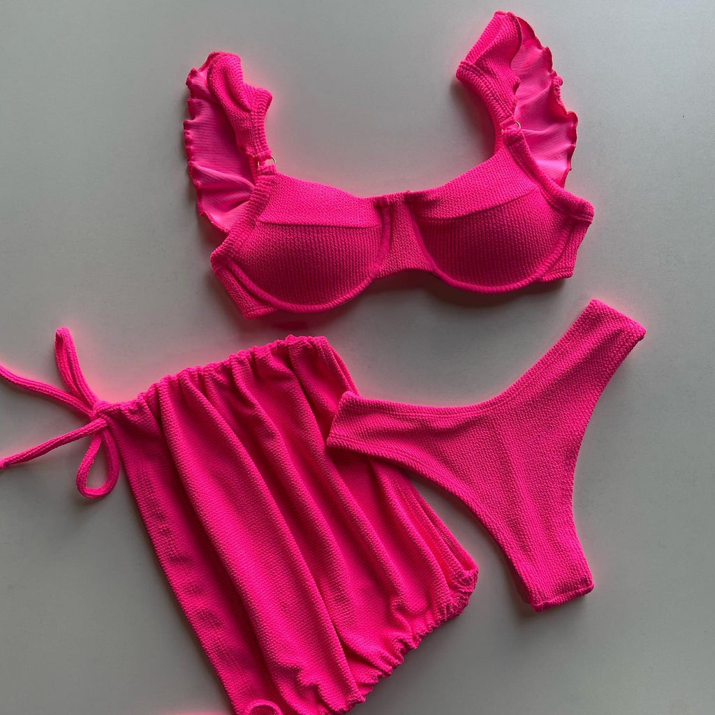 Hot Pink Three-Piece Bikini Set with Skirt