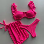 Hot Pink Three-Piece Bikini Set with Skirt