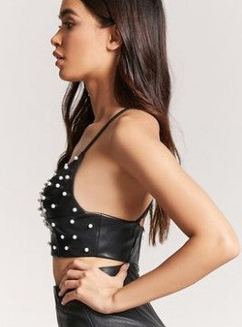 V-Neck Cropped Beaded Faux Leather Tank Top for Women