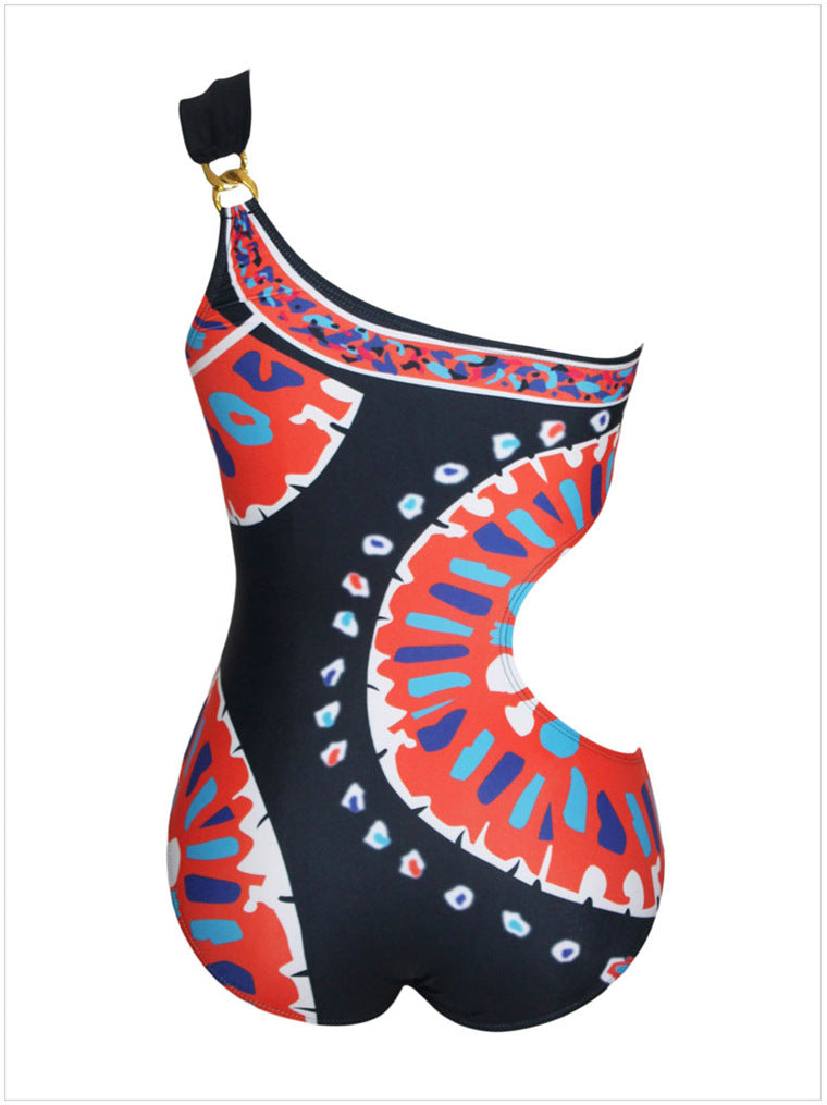 One-Shoulder Cutout Tribal Print One-Piece Swimsuit